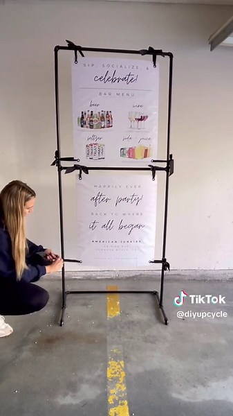 DIY Wedding sign stands! I couldnt find the perfect sign stand that I needed so I decided to make my own! I measured my sign width and bought different lengths of steel pipes with threads, corner connectors and 3 hole connectors. Found these on amazon and what I ordered ended up being enough to make 2 tall stands and 1 shorter stand for the ceremony. #weddingdecor #wedding #budgetweddingideas #budgetwedding #weddingtiktok #foryou #weddingday #woodflowers #weddingwoodflowers #weddingflowers #brid