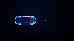 Premium stock video - Advanced holographic motion graphics vividly depict an autonomous vehicle endowed with self-awareness and extensive environmental sensing capabilities, enabling it to operate autonomously