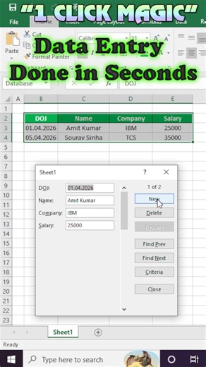 Data Entry Work in Excel l Smart Trick You Must Know | 1 CLICK MAGIC #excel #shorts #exceltips