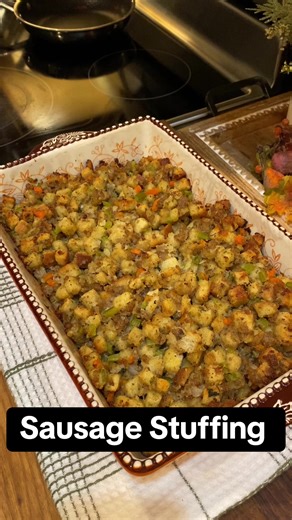 Sausage Stuffing. By far my favorite side dish. Enjoy! #stuffing #sausagestuffing #thanksgivingsides #thanksgiving #comfortfood #cookingvideos #learntocook #homecookingvideo #dinnerideas #cookingathome Sausage Stuffing Ingredients: Cube stuffing, 12 oz. bag 1 Tbsp. Olive oil 1 16oz. Sausage roll, I use Jimmy Dean 1 Egg beaten 1 Stick butter 1 Carrot, small dice, about 1/2 cup 2 Stalks Celery, small dice, about 1 cup 1 Onion, small dice 1 Shallot, small dice 4 Cloves garlic, fine chop 3 Cups low 