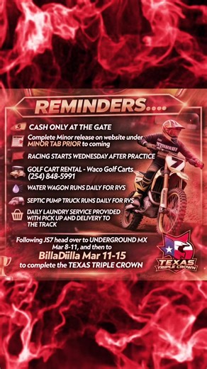 4 Days….. Looking forward to a week of perfect weather and amazing racing next week. Those racing The Texas Triple are going to have 2 full weeks of gate drops on 3 Texas tracks (Freestone ➡️ @underground_mx ➡️ @billadillamx )with some of the best soil around. Those who race all 3 tracks and place top 5 OA in each class will even get to put some money back in your pockets. 🤑 💰💰💵 #js7freestone #TexasTripleCrown