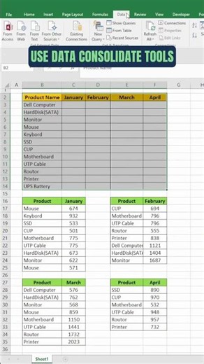 How to Combine Multiple Table Data Using Data Consolidate in Excel #Excel #exceltips #excel