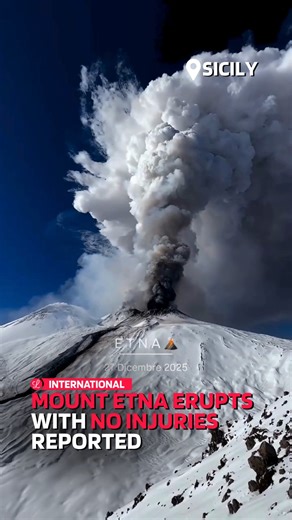 Mount Etna, Europe’s most active volcano on the Italian island of Sicily, erupted powerfully, sending ash and volcanic material high into the sky and triggering widespread impacts across the region. The eruption, which resumed with renewed force between 26th and 27th December, produced continuous Strombolian activity at multiple summit craters, including the Northeast Crater and Bocca Nuova, with jets of lava reaching 150–400 metres into the air and dense ash emissions rising several kilometres