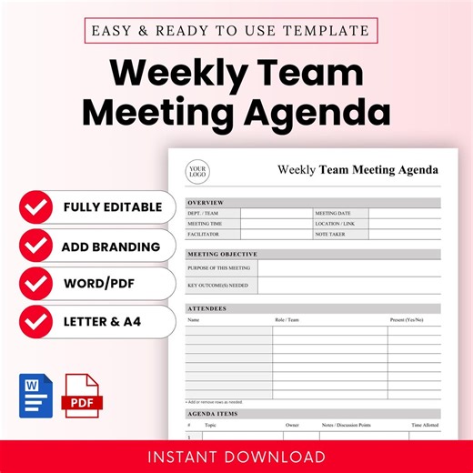 Weekly Team Meeting Agenda Template – Word & PDF, A4 + US Letter - Etsy