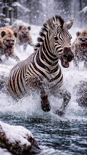 Zebra Escapes Hyena Pack in Frozen River!