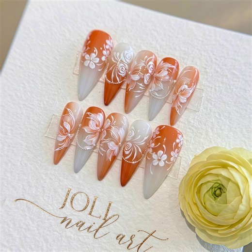 Burnt Orange Press on Nails With White Floral Art | Hand-painted 3D Flower Glue on Nails | Elegant Stiletto Nails | Reusable Fake Nails Long - Etsy
