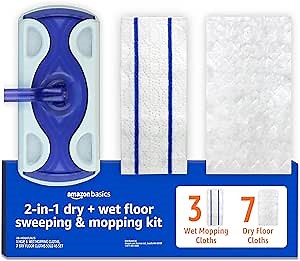 Amazon Basics Wet & Dry Sweeper Kit (1 Sweeper Handle, 7 Heavy Duty Dry Cloths, 3 Wet Floor Cloths) Pack of 1