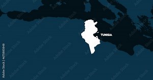 World Map Zoom In To Tunisia. Animation in 4K Video. White Tunisia Territory On Dark Blue World Map