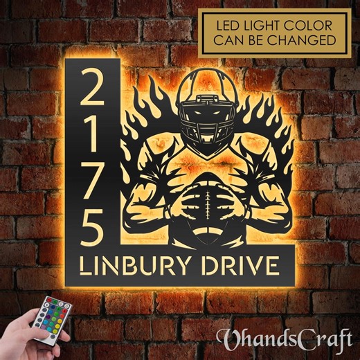 Personalized Football Player Address Sign With LED Lights - Custom Metal House Number Plaque - Etsy