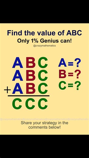 Find the value of ABC #braintest #mathisfun #mathtest #mathchallenge #crazymathematics | Crazy Mathematics