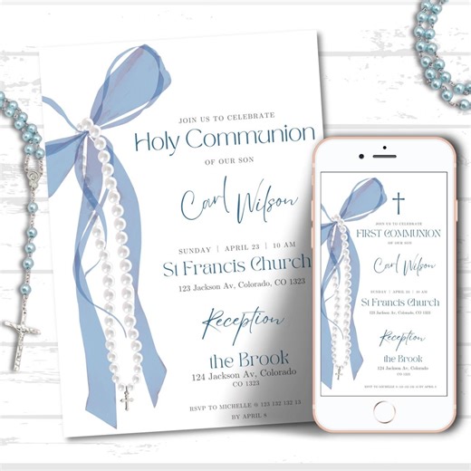Holy Communion Invitation Deep Blue, Editable Canva Template, Boy or Girl First Communion Invite, Printable and Digital - Etsy