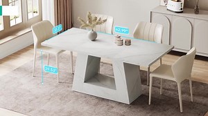 BYBLIGHT Roesler White Engineered Wood 63 in. Pedestal Dining Table Seats 4-6, Rectangular Wooden Faux Marble Dining Room Table BB-J0321JH
