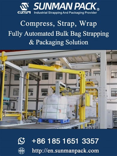 The Complete Automated Bulk Bag Line: From Loose to Load-Secured in One Flow. 🏭📦 Tired of multi-stage, manual bulk bag handling? Watch our integrated system automate the entire process—compacting, strapping, and wrapping in a single, seamless sequence. This is how modern facilities achieve perfect load integrity, every time. The Automated Flow: ✅ Dual-Bag Compression: Two bags are stacked and uniformly compacted for a stable, consistent profile. ✅ Rotational Vertical Strapping: A top-down stra