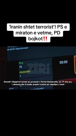 ‘Iranin shtet terrorist’! PS e miraton e vetme, PD bojkot‼️ Kuvendi i Shqipërisë miratoi pa prezencën e Partisë Demokratike, me 79 vota pro, 1 abstenim dhe 0 kundër projekt-rezolutë për shpalljen e Iranit sponsor të terrorizmit dhe shtet që përdor mjete terroriste. Vota abstenim ishte nga deputeti i Lëvizjes Bashkë, Redi Muçi, ndërsa prezent nga opozita ka qenë edhe deputeti Erald Kapri. Rezoluta dënon sulmet kibernetike të Iranit kundrejt institucioneve të Shqipërisë, ku i fundit ishte ndaj Kuv