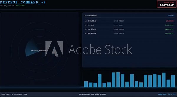 Defense Command V4 Dashboard with Incoming Traffic Monitoring and Live Network Scanning Interface.