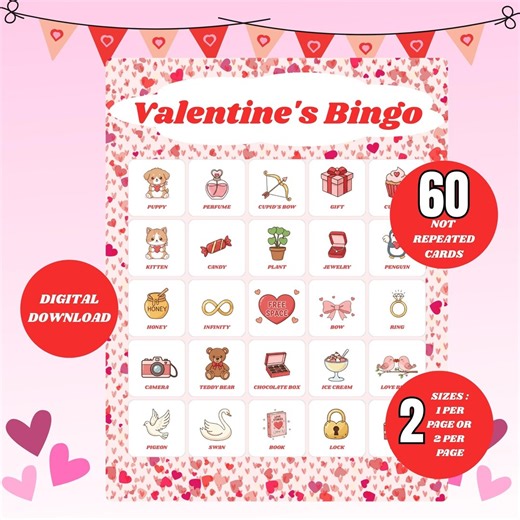 60 Cards Valentine Bingo for Kids, Valentine's Day Bingo for Parties, Valentines Printable Game for Work Events - Etsy