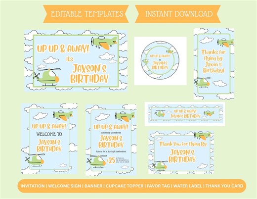 Airplane Birthday Party Bundle, up up and Away Birthday, Airplane Invite Template, Welcome Sign, Banner, Cupcake Toppers, Favor Tags - Etsy