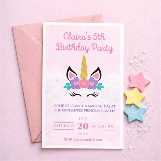 Unicorn Party Invitation Template, Editable in Canva, Girl Birthday Invite, Printable, Instant Download - Etsy