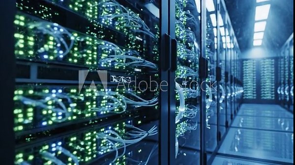 Inside a modern data center with rows of servers and fiber optics