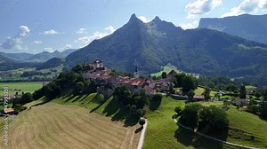 Gruyères Castle, medieval town in Switzerland Swiss heritage site, aerial