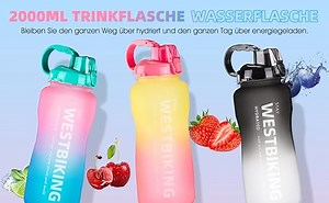 ICOCOPRO 2 Liter Trinkflasche mit Strohhalm, BPA-frei Auslaufsicher Wasserflasche mit Zeitmarkierung und Tragegriff, Große Sportflasche Trinkflasche Sport für Fitness Camping Yoga