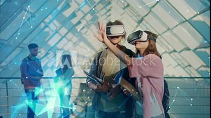 Students Wearing VR Headsets. Virtual Reality Learning Concept. Robotization of Learning. Digital Education. Innovations in Education. Future Technologies