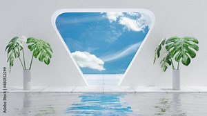White Wall with triangular door behind clear sky background for your text. front has reflection from water. Animation water and sky are moving. 3d Render.