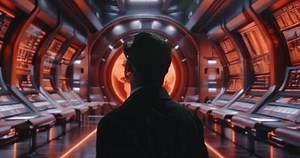 Tech Professional Engaging with VR Interface in Constantly Evolving Futuristic Landscape