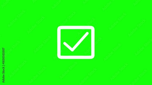 A simple check mark animation shows true on a check box on a green screen background.