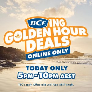 It's that time of the week again... Golden Hour Deals! ☀🥳 From 5 - 10PM every Wednesday, you have the chance to pick up some BCFing gear for less including… ☀️ Half Price! Samaki Vamp Spin Combos ☀️ Half Price! Wanderer Compact Portable Table ☀️ Save $50! Dometic Storage Box ☀️ Better Than Half Price! BCF Fishing Bucket Stool ☀️ And more! But, you've got to be quick! Sale ends 10pm AEST 16.07.2025 Online Only | BCF - Boating, Camping, Fishing