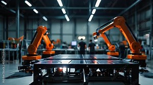 Two orange robotic arms working in a factory with solar panels in the foreground.
