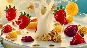 Dynamic exploding cereal splash with fruits in fresh milk Stock Video
