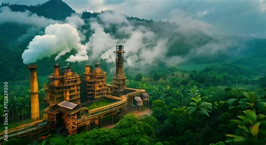 Biomass power plant surrounded by lush forests, where organic waste and agricultural residues are converted into bioenergy through sustainable biomass combustion Stock Video