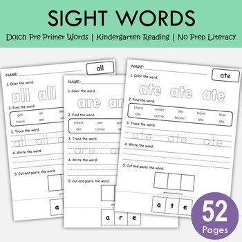 52 Dolch Primer Sight Words Worksheets | Early Readers Activities, T-303