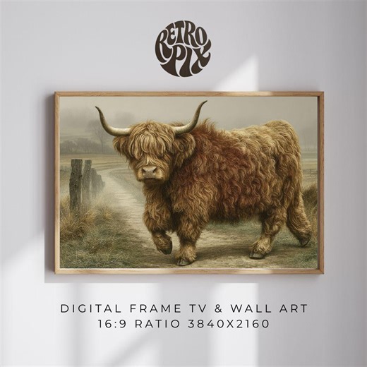 Vintage Highland Cow Frame TV Art, Rustic Animal Wall Decor, Farmhouse Landscape (digital Download) - Etsy