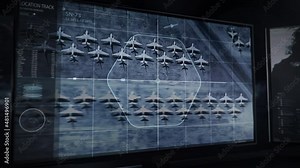 Army Military Airport Base Digital Target Scan Via Satellite Tracking System. Focus On Rows Of Army Airplanes With Advanced Target Scan. High Tech Army Base Target Scan On A Computer Program.