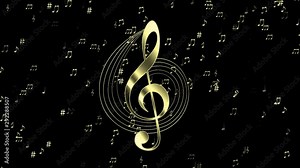 Gold Treble Clef with Background. Elegant treble clef animation ,gold shine texture with gold border line and decorative music score 3840x2160 resolution.