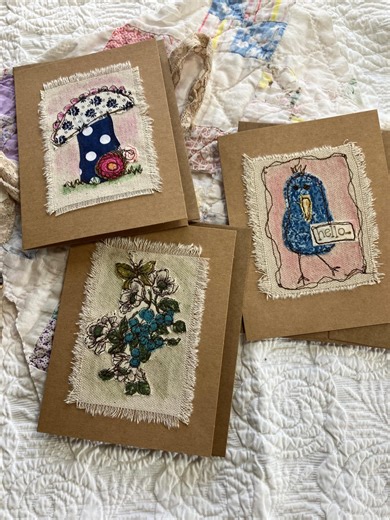 Fabric Stitched Greeting Cards, Set of 3 - Etsy