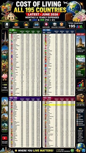 💰 World's Cost of Living Ranking 2026 | All 195 Countries Monthly & Yearly Expenses