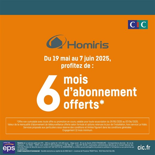 🚨 Protégez-vous des cambriolages, des agressions, et du risque d’incendie avec Homiris, système d’alarme connecté et télésurveillance 24h/24. Et du 19/05 au 7/06/25, bénéficiez de 6 mois offerts ! ➡️ Infos et conditions sur https://www.cic.fr/fr/particuliers/assurance/telesurveillance-maison-homiris.html | CIC
