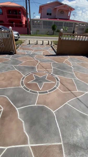 Decorative concrete Overlay Flag stone pattern. Pattern works perfectly on cracked concrete surface, no need to recap!! Price range from $300 to $500 per sq ft include materials and labor Contact: ⁨609 3869⁩ or 6656419 ##fabulouscretegy##decorativeconcrete##floors##guyana