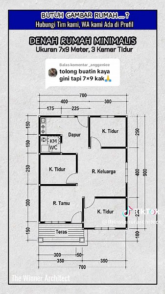 Denah Rumah Minimalis 7x9 Meter dengan 3 Kamar Tidur