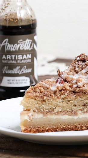 Cream Cheese Coffee Cake. Who wants to wake up to a big piece of this goodness? This coffee cake is really easy to make & has a delicious vanilla bean flavor thanks to @amoretti Artisan Vanilla Bean Flavoring. Enjoy free shipping on all Amoretti products with code: SALTYCOOKERFREESHIP Ingredients for Cake: - 2 cups 1:1 gluten-free flour - 4 tsp baking powder - 1/2 tsp baking soda - 1/2 tsp kosher salt - 2 eggs - 2/3 cup sugar - 1 1/2 cups sour cream - 1 cup butter, room temperature - 2 1/2 tsp A