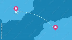 Plane Flight Flying Traveling in Continent Map with Path Navigation Marker Animation Video Motion Graphics