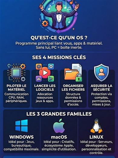 Système d'Exploitation (OS) : Le chef d'orchestre de votre PC Dans cette vidéo, on décortique ce qu'est réellement un Système d'Exploitation (OS) !. Sans lui, ton matériel ne peut strictement rien faire tout seul. On t'explique : • Le rôle de chef d'orchestre de l'OS entre tes applis et tes composants. • La différence entre le Kernel (le cœur) et les Drivers (les traducteurs). • Pourquoi ton PC rame (souvent une histoire de RAM ou de CPU saturé). Que tu sois sur Windows, macOS ou Linux, l'OS est