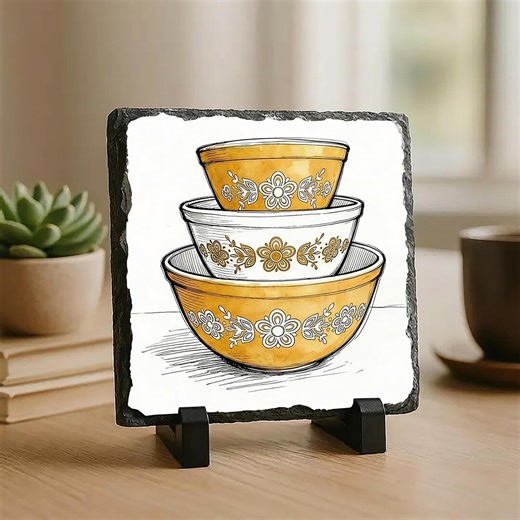 Pyrex Butterfly Gold Slate Tile – Vintage Orange & Yellow Bowl Stack Art – Retro Kitchen Decor Gift for Pyrex Collectors - Etsy