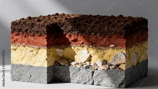 scientific cutaway view showing clean soil layers from topsoil to bedrock, cinematic depth, perfect for world soil day