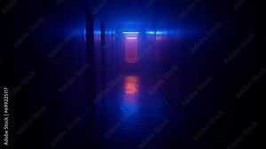 Scene of long hallway lighted with blue red neon light. Shot of the dark empty corridor with door at the end and staircase.