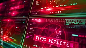 Virus detected alert on moving computer screens. Global attack, cyber security breach warning with worm symbol and system protection concept 3d loopable and seamless animation with glitch effect.