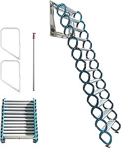 TECHTONGDA Folding Ladder Pull Down Attic Ladder 12 Steps Wall Mounted Folding Loft Stairs Al-Mg Alloy 9.8ft Height Attic Stairs Blue Retractable Steps with Armrests